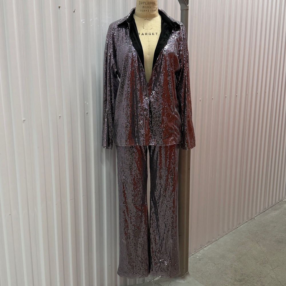 Blue Blush Sequin Wide Leg Pants & Jacket Set - Silver